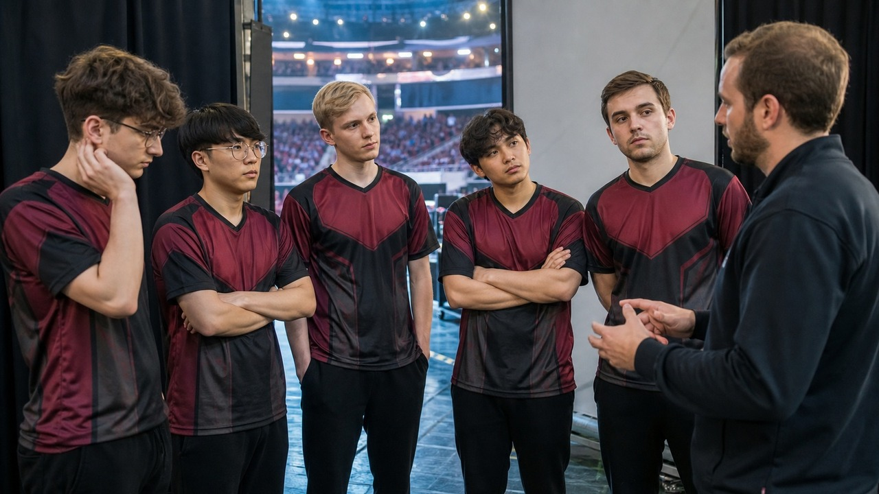 Fem esportsspillere samles i et backstage-holdlokale